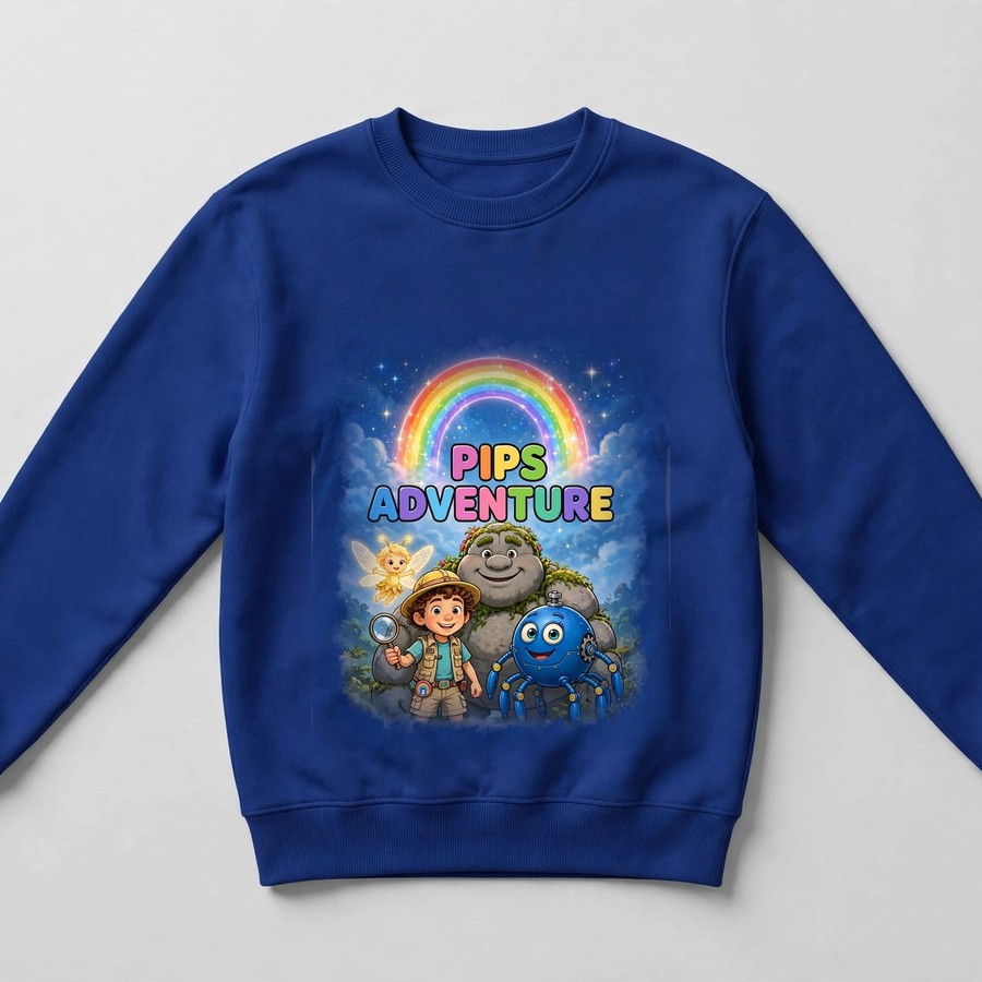 Royal blue Pips Adventure logo crewneck sweatshirt with the Magic Sky Door