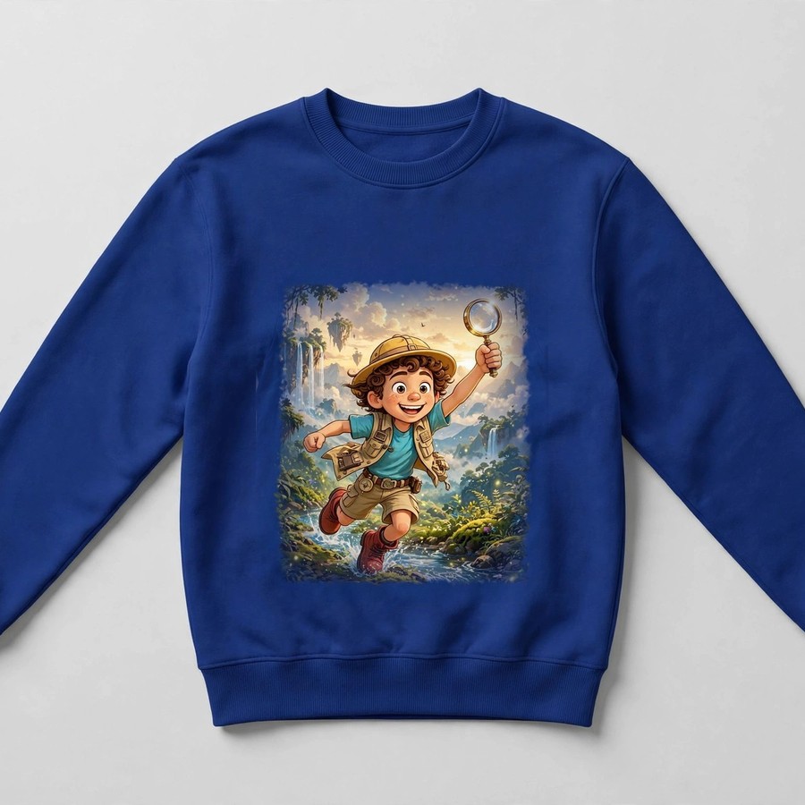 Royal blue Pip hero crewneck sweatshirt with Pip and magnifier in the adventure world