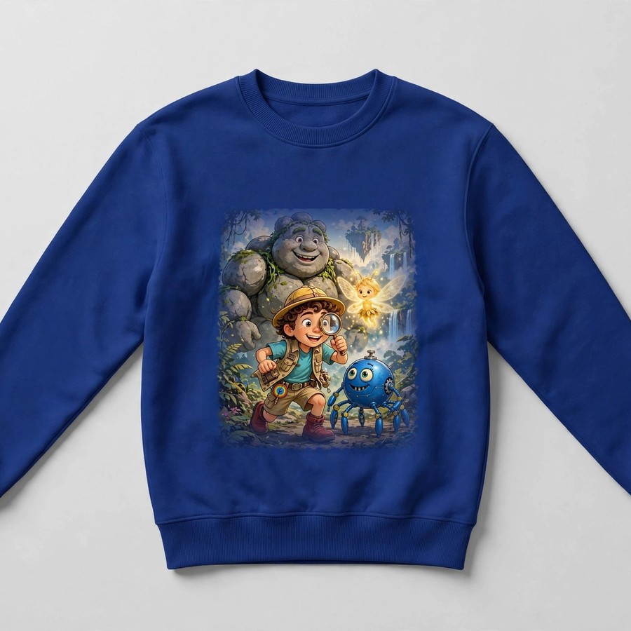 Royal blue crew adventure crewneck sweatshirt with Pip, Zip, Glimmer, and Boulder