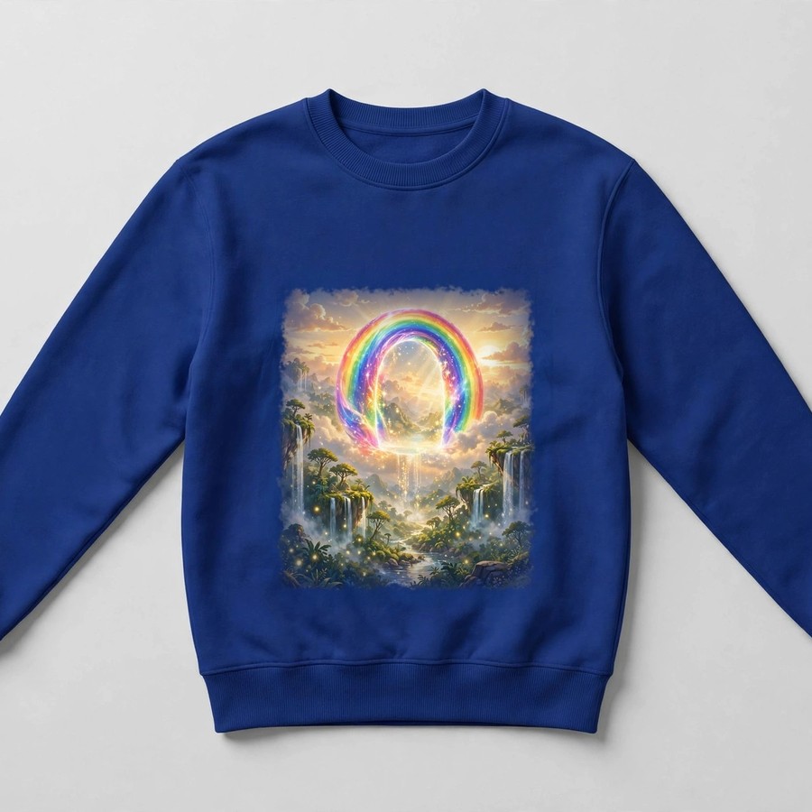 Royal blue Magic Sky Door crewneck sweatshirt with the rainbow portal alone
