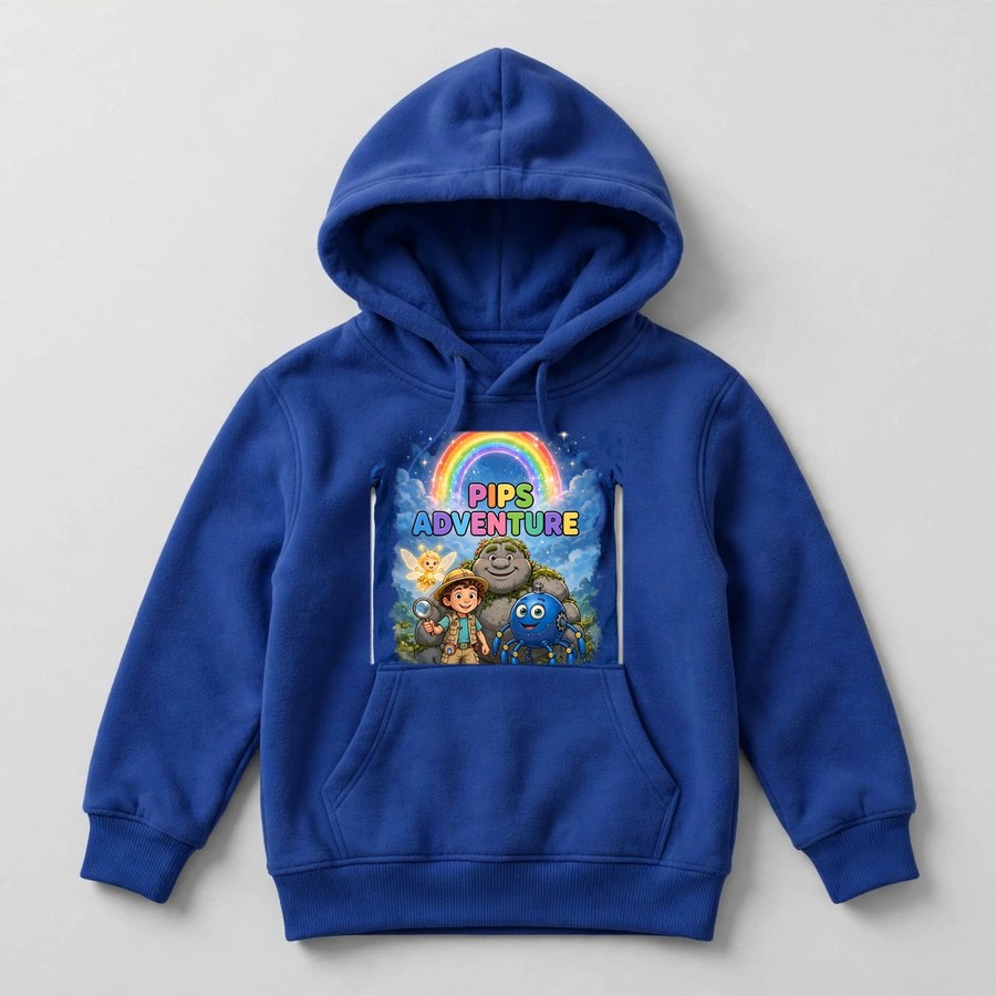 Royal blue Pips Adventure logo hoodie with the Magic Sky Door