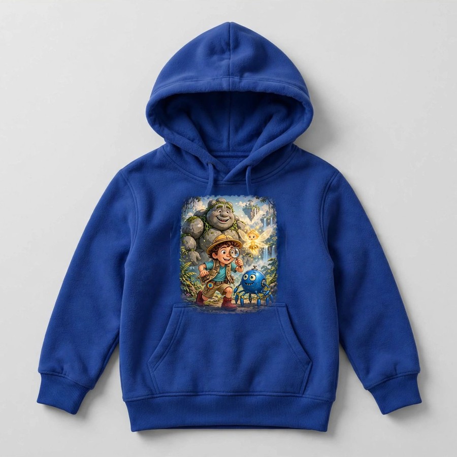 Royal blue crew adventure hoodie with Pip, Zip, Glimmer, and Boulder
