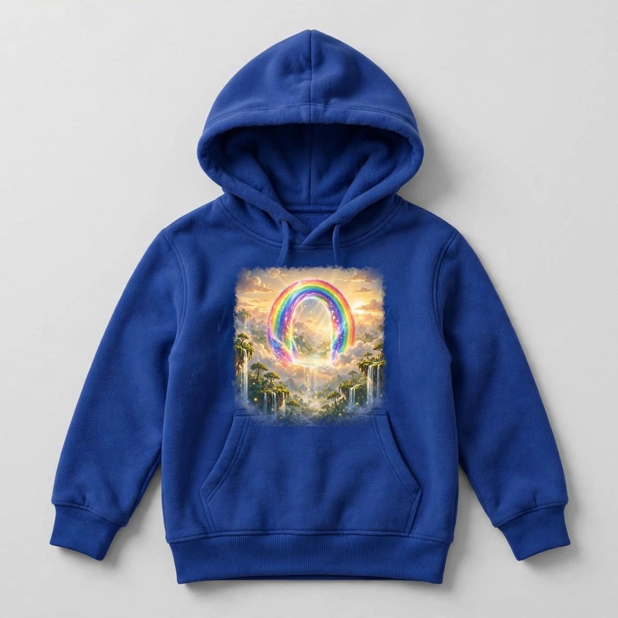 Royal blue Magic Sky Door hoodie with the rainbow portal alone
