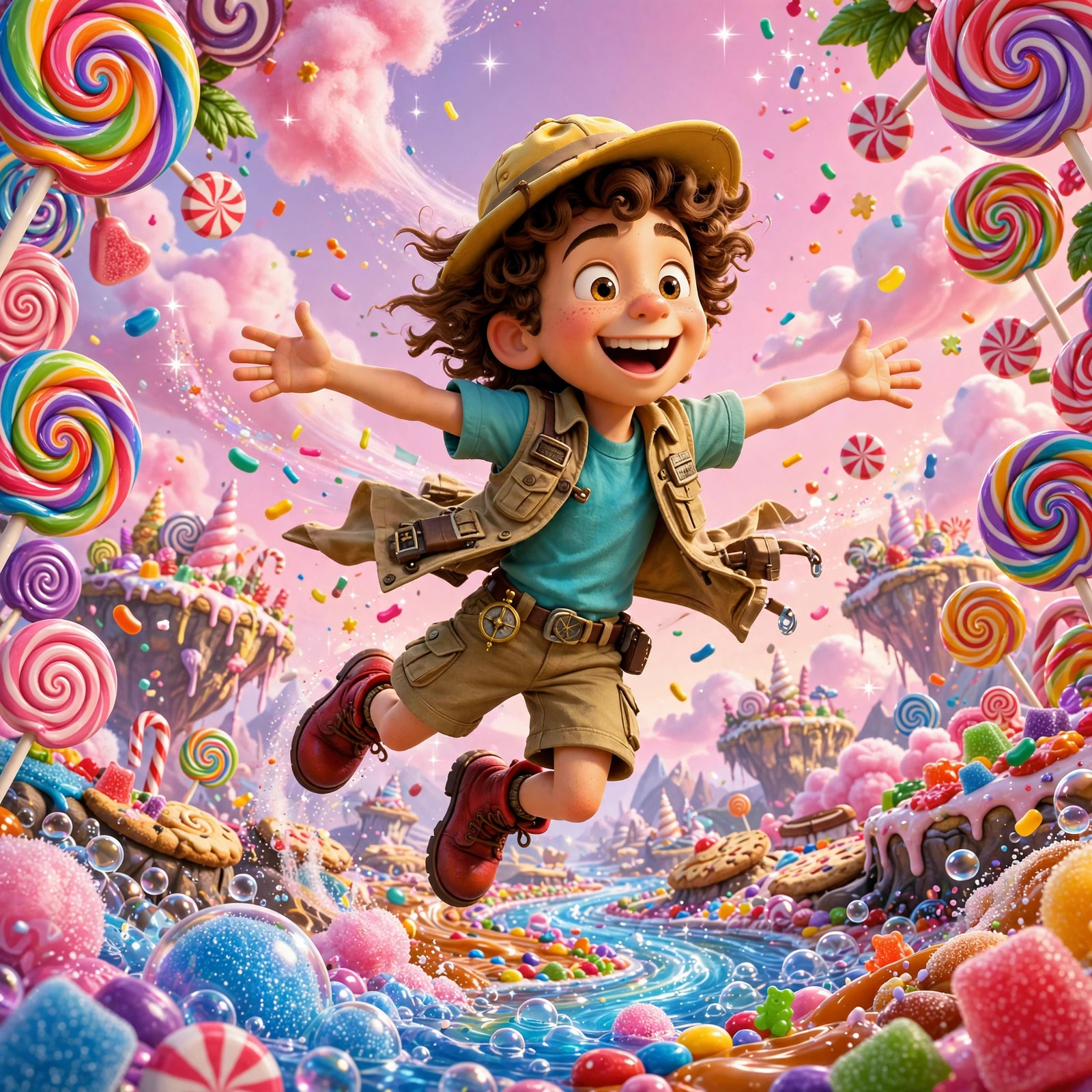 Pip leaps through a bright candy-colored world filled with floating islands