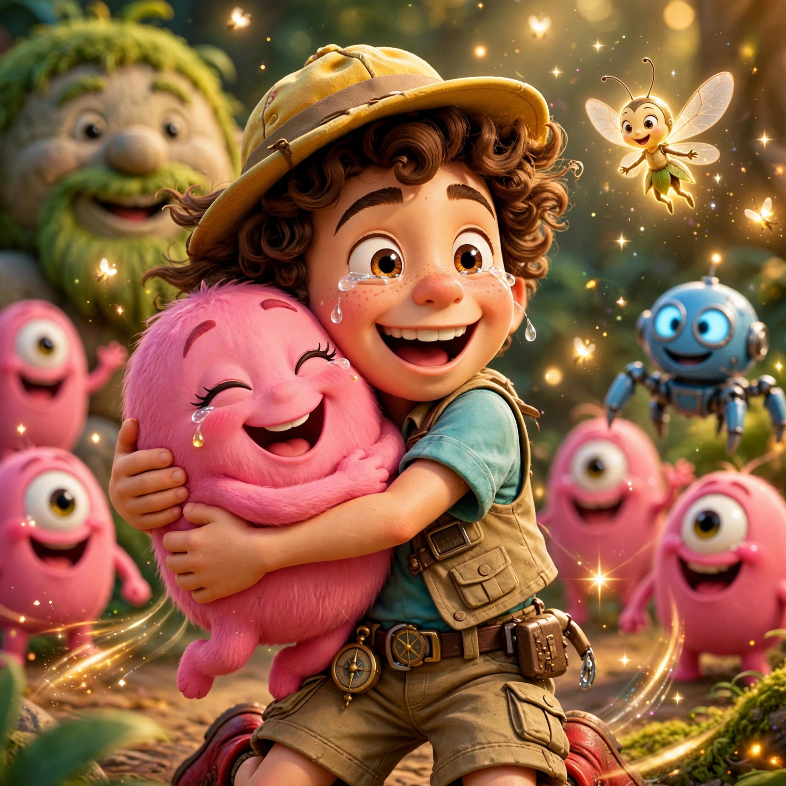 Pip hugs a happy pink Grumble Glob as their friends celebrate