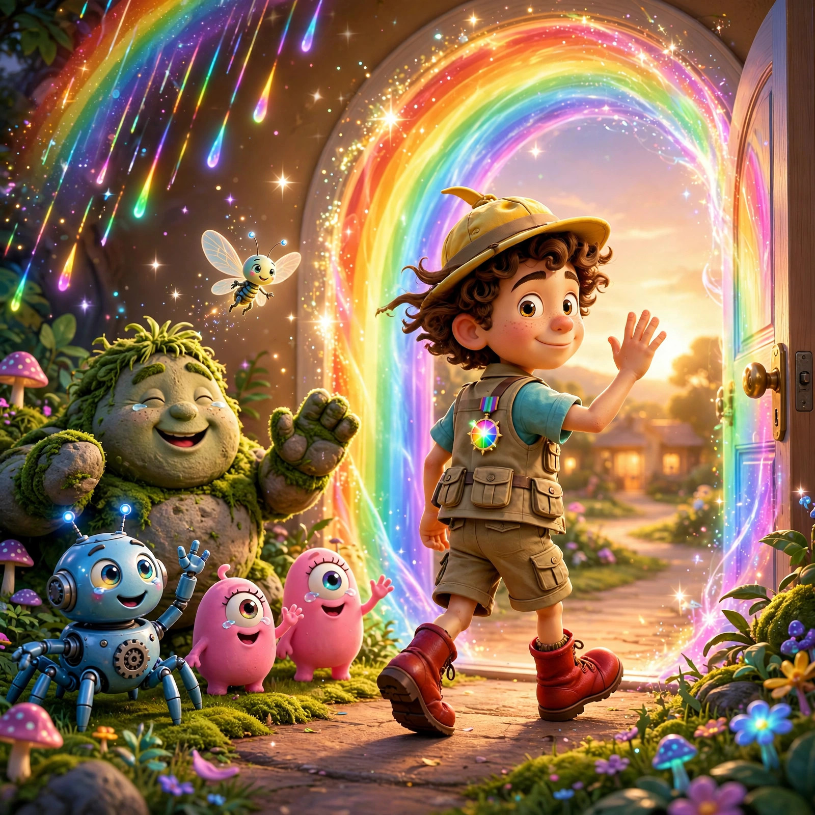 Pip waves goodbye to friends beside a glowing rainbow doorway