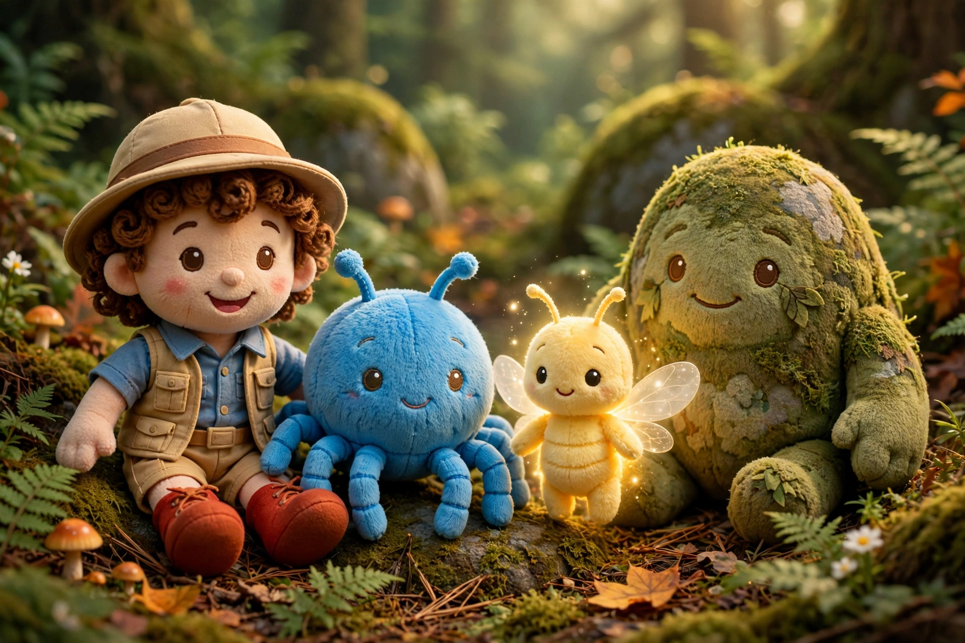 Plush toy concepts for Pip, Zip, Glimmer, and Boulder together in a magical forest
