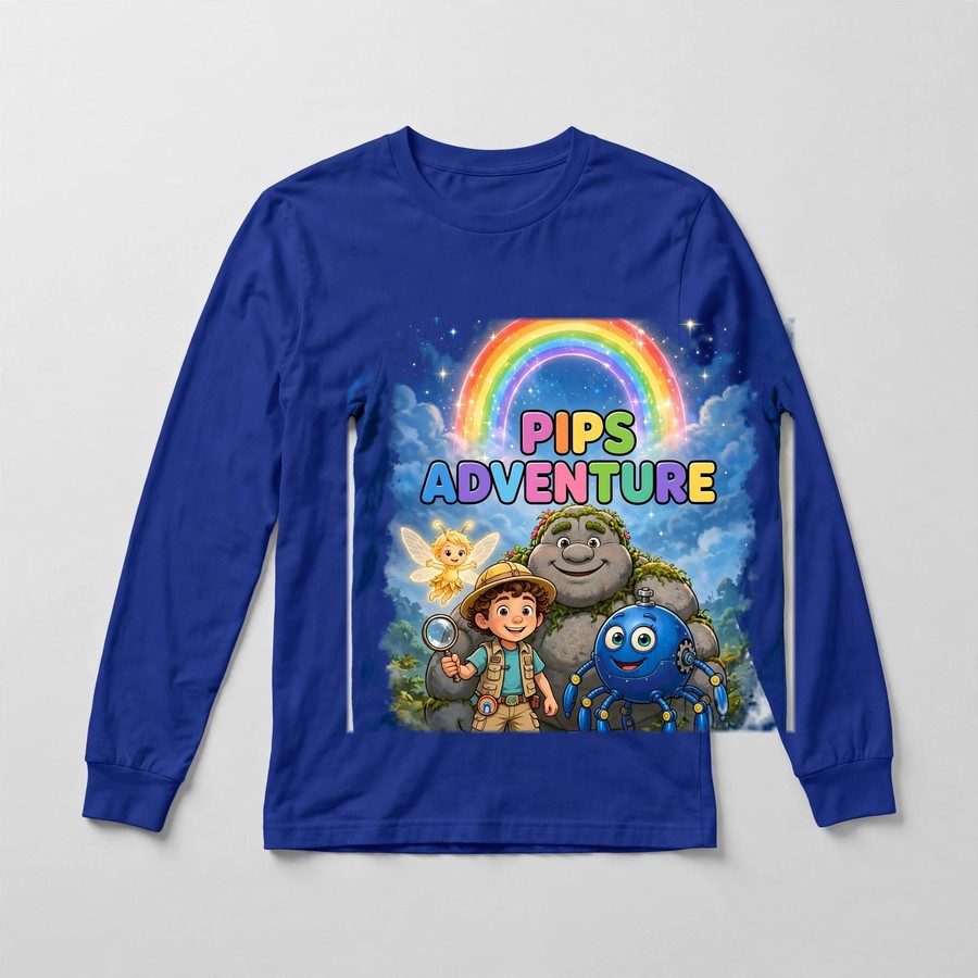 Royal blue Pips Adventure logo long-sleeve shirt with the Magic Sky Door