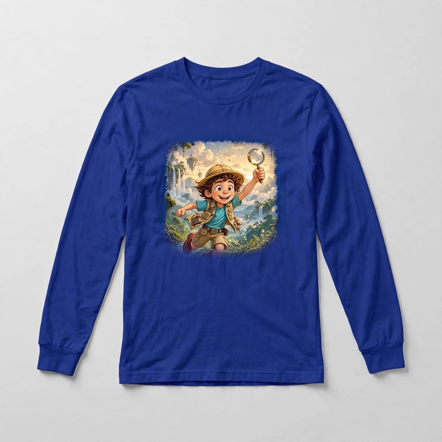 Royal blue Pip hero long-sleeve shirt with Pip and magnifier in the adventure world