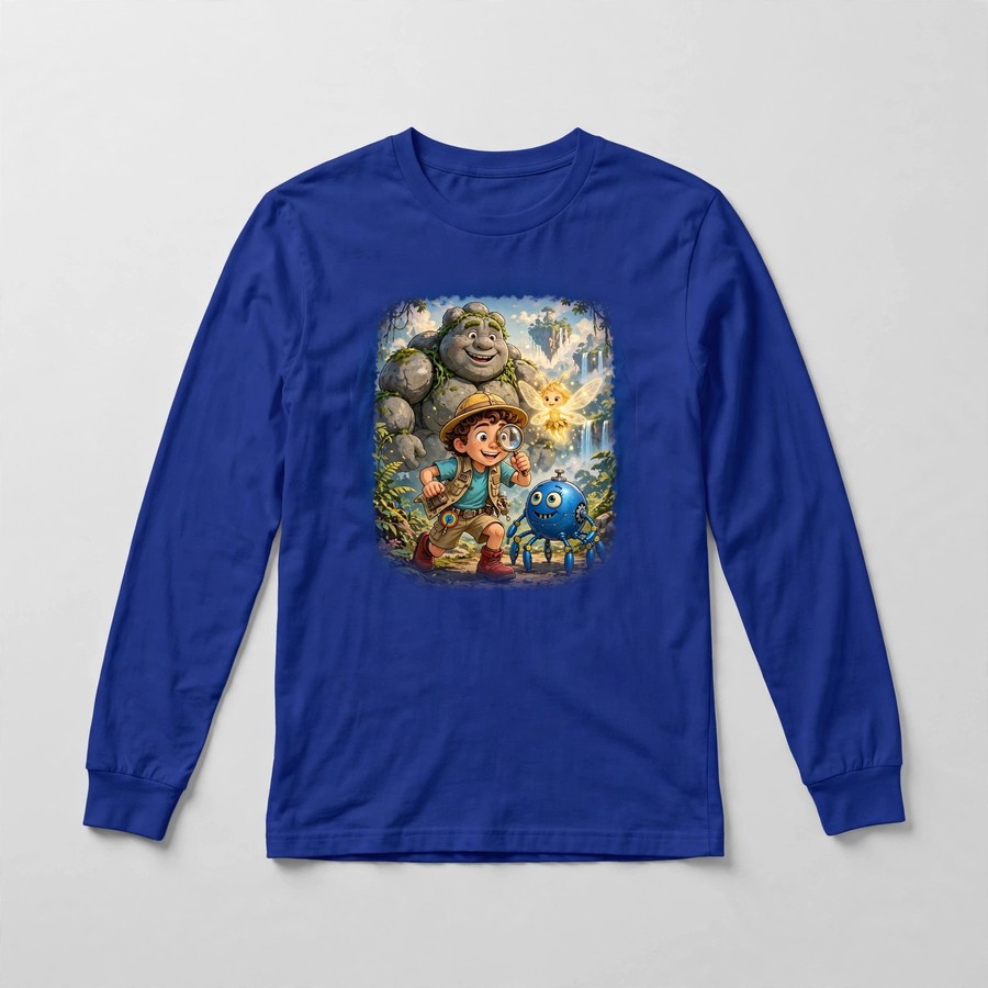 Royal blue crew adventure long-sleeve shirt with Pip, Zip, Glimmer, and Boulder