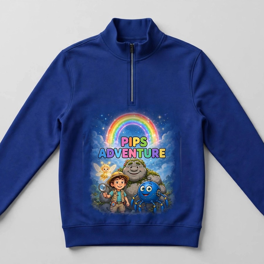 Royal blue Pips Adventure logo quarter-zip pullover with the Magic Sky Door
