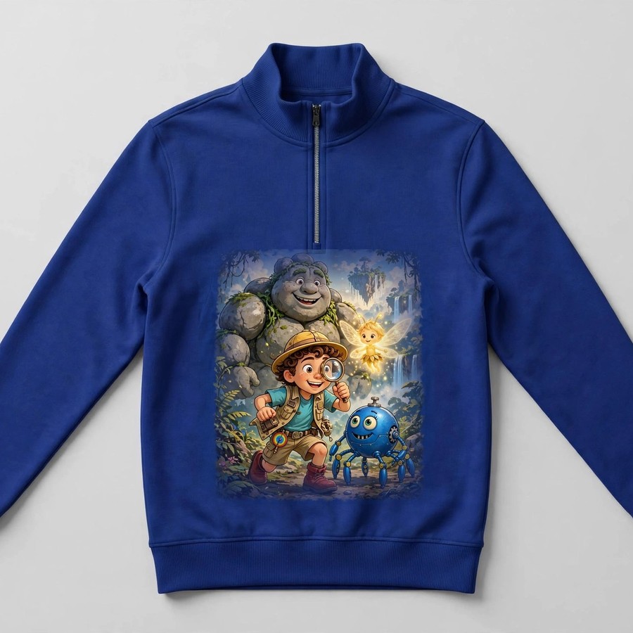 Royal blue crew adventure quarter-zip pullover with Pip, Zip, Glimmer, and Boulder