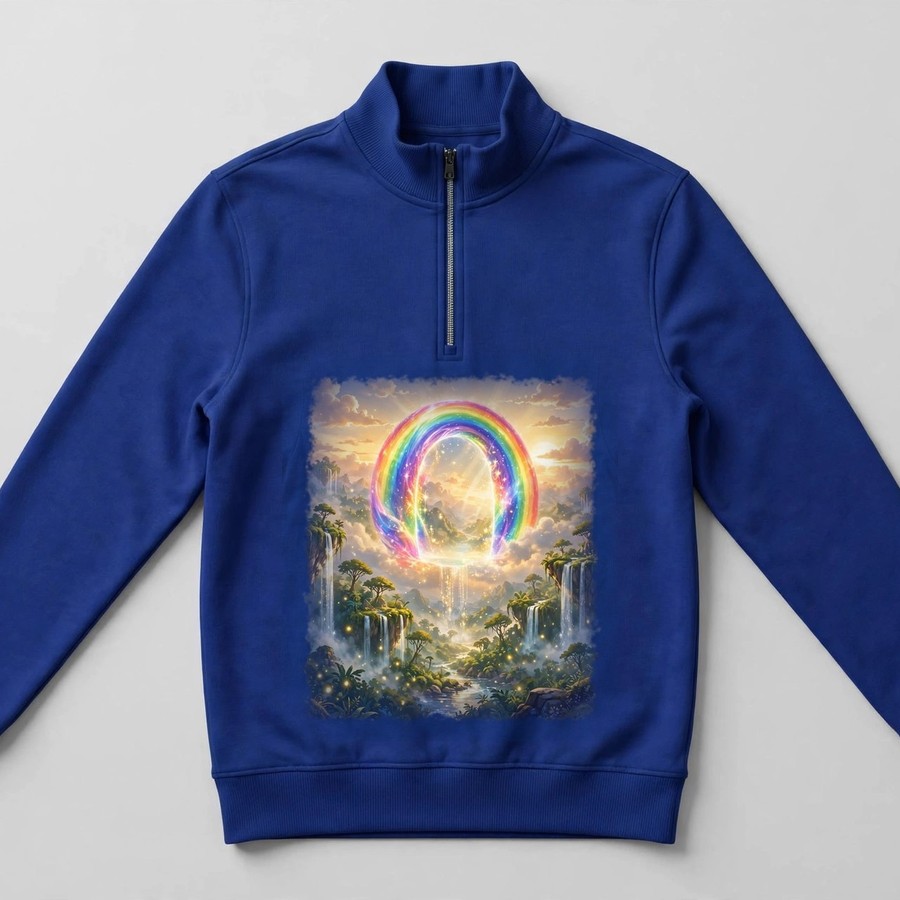 Royal blue Magic Sky Door quarter-zip pullover with the rainbow portal alone