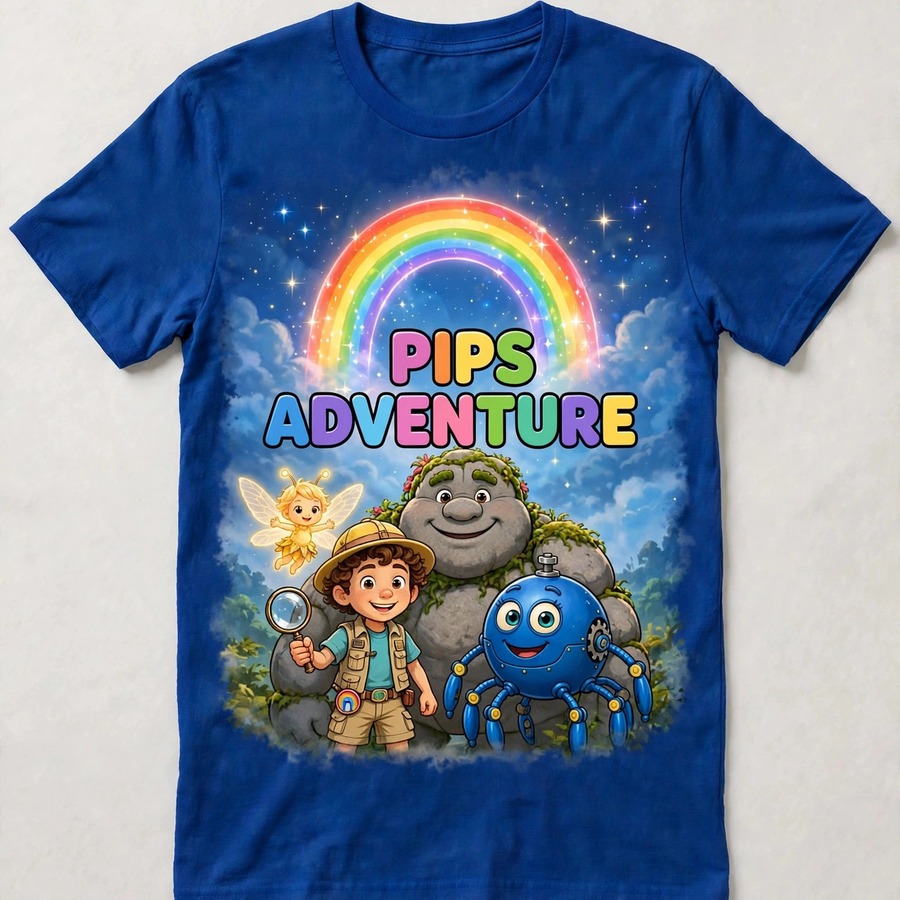 Royal blue Pips Adventure logo shirt with the Magic Sky Door