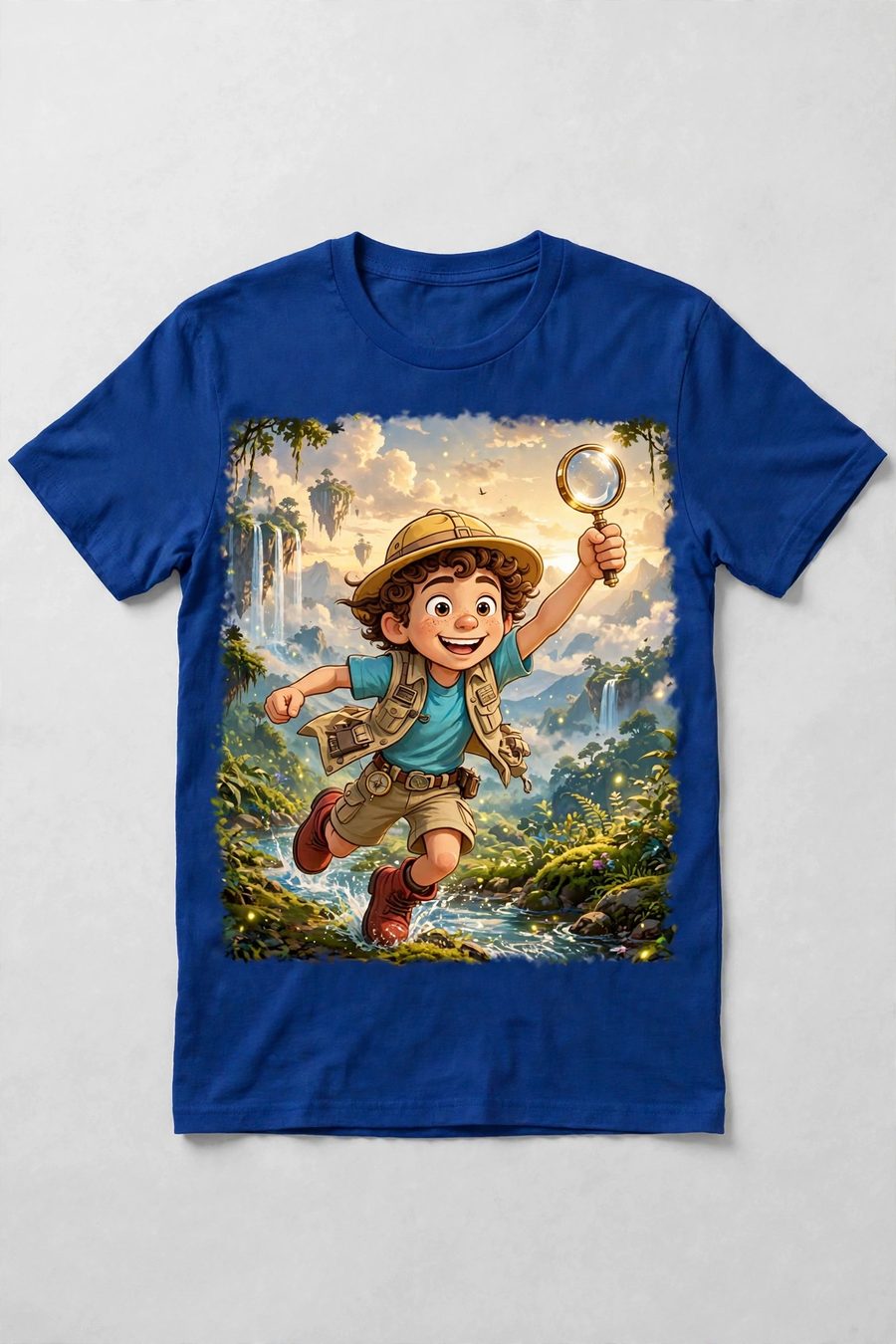 Royal blue Pip hero shirt with Pip and magnifier in the adventure world