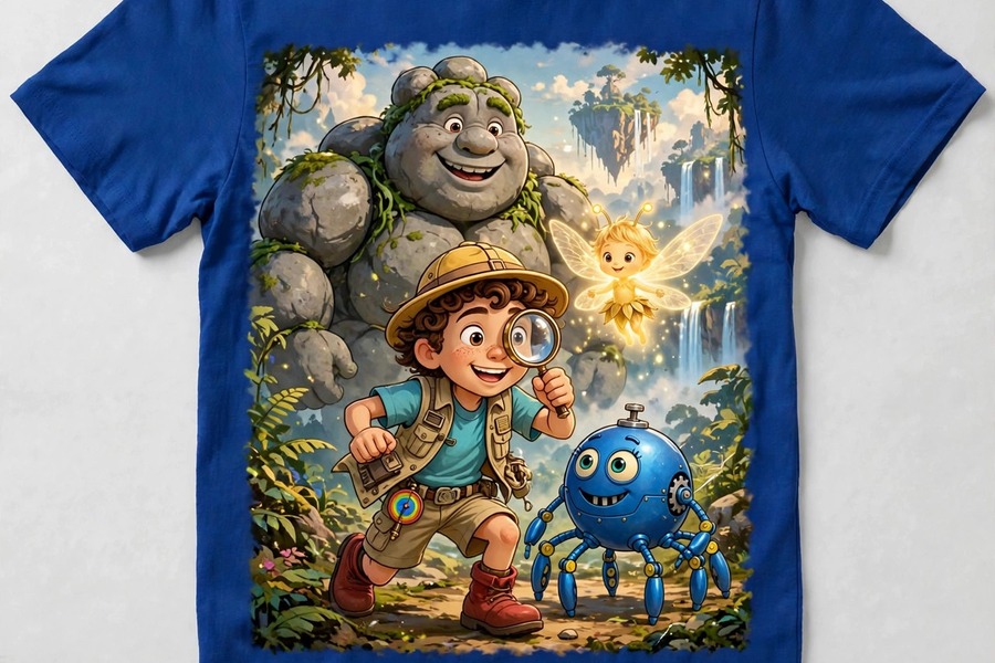 Royal blue crew adventure shirt with Pip, Zip, Glimmer, and Boulder